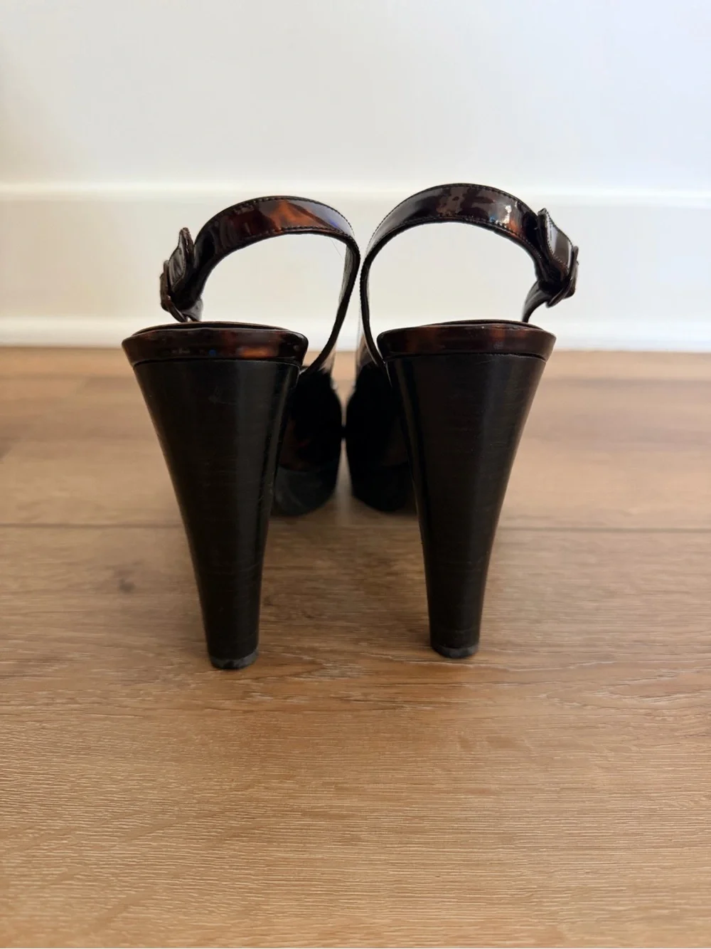 Stuart Weitzman Tortoiseshell Patent Leather Peep-Toe Platform Slingbacks